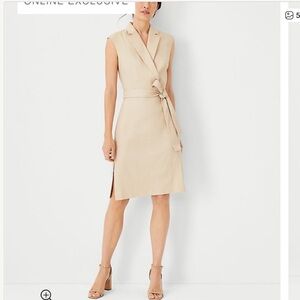 Ann Taylor The Notched Collar Tie Waist Dress In Herringbone Linen Blend NWTS